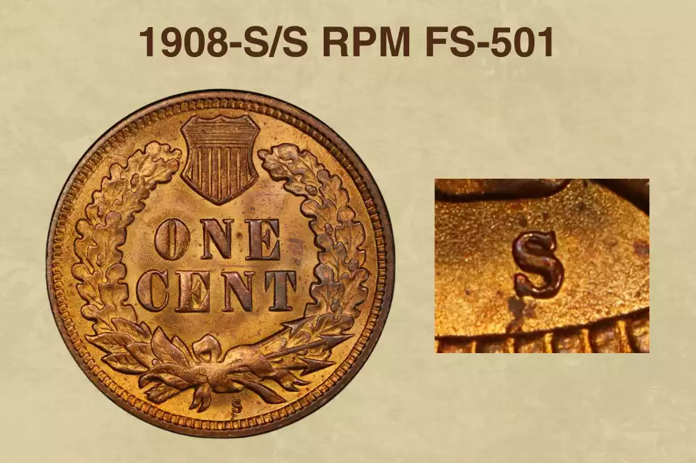 1908-S/S Indian Head Penny RPM FS-501 close-up showing the repunched S mint mark