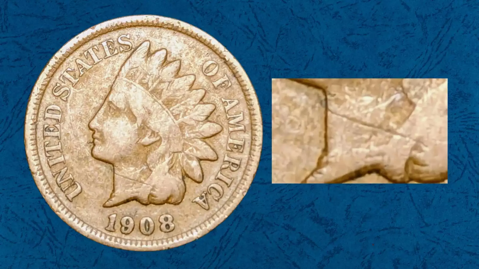 1908 Indian Head Penny doubled die obverse DDO showing doubling on LIBERTY headband lettering