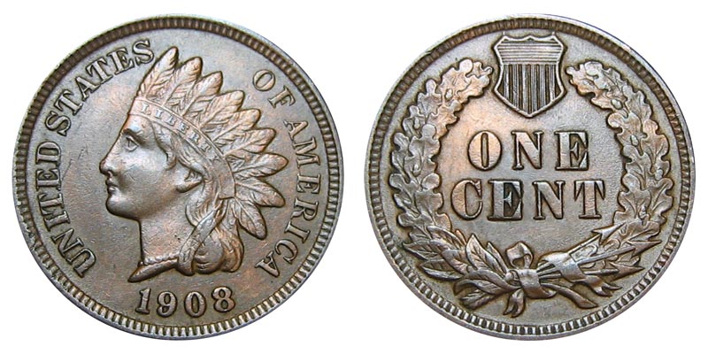 Group of 1908 Indian Head pennies from both Philadelphia and San Francisco mints showing typical circulated specimens