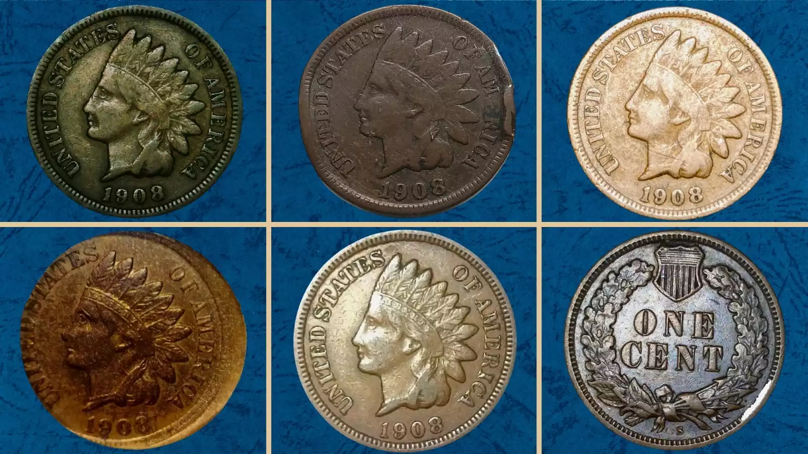 1908 Indian Head Penny grading strip showing four condition tiers from worn Good to uncirculated Mint State